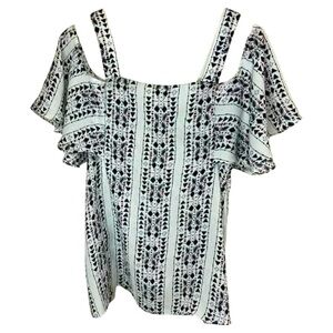 Entro Size Large Geometric Pattern Cold Shoulder Blouse Top Black Stretch Flowy